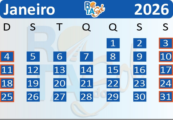 Calendário de Saídas do Passeio de Trem de Curitiba a Morretes no mês de Janeiro