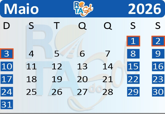 Calendário de Saídas do Passeio de Trem de Curitiba a Morretes no mês de Maio