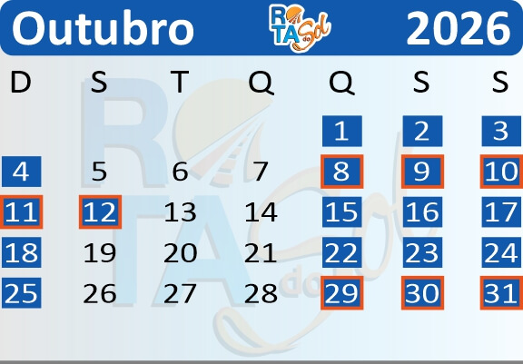 Calendário de Saídas do Passeio de Trem de Curitiba a Morretes no mês de Outubro